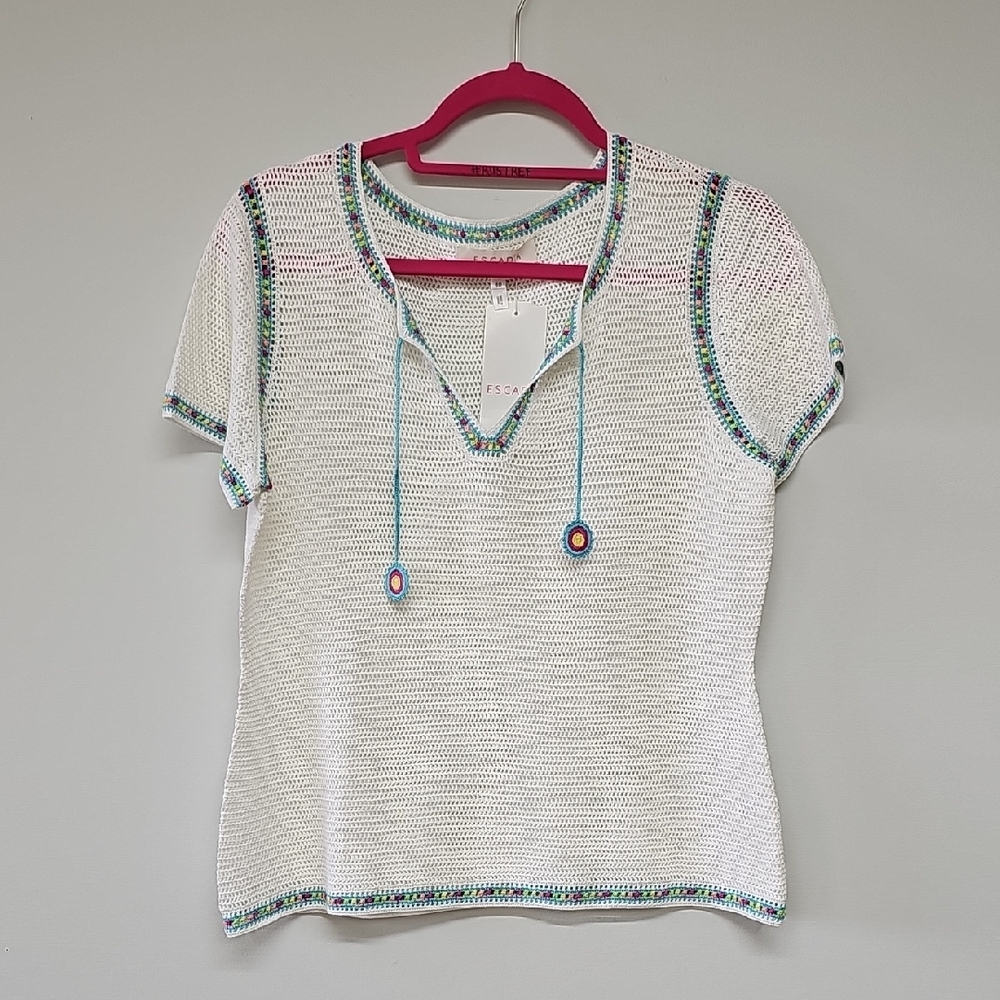 Y2K Vintage Escada Crochet Sweater, White w Multicolor Trim, Size 40, NEW
